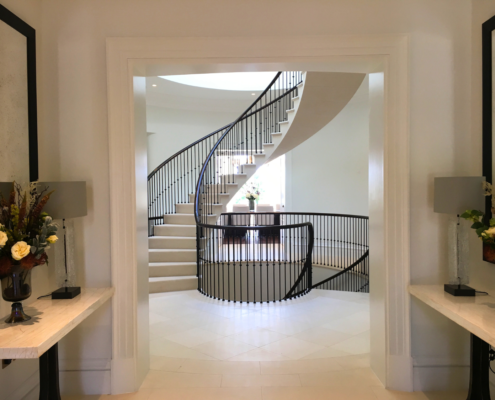 Camp End Post tension stone staircase Survey Digital scanning 3D model Cutting list Spindles Handrail Precision French-polished Traditional finish Hardwearing Visually striking Feature staircase Centrepiece Surrey