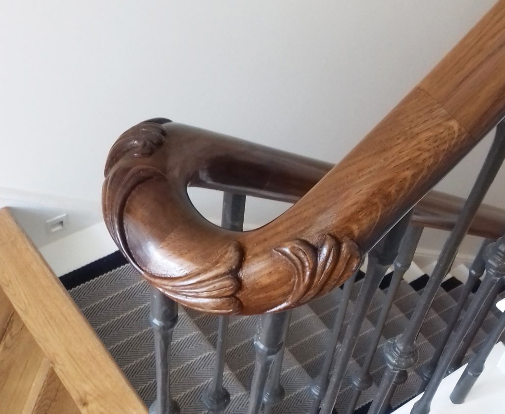 CNC machining, hand carving, traditional techniques, listed buildings, 5 axis machines, curved continuous handrail, organic details, modern machinery, 3D scanning system, mahogany handrails, floral details, fine woodworking, residential project.