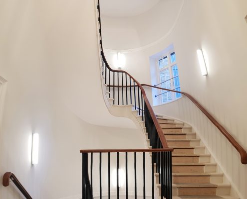 Mahogany handrails with wall brackets & Black powder coated square steel spindles