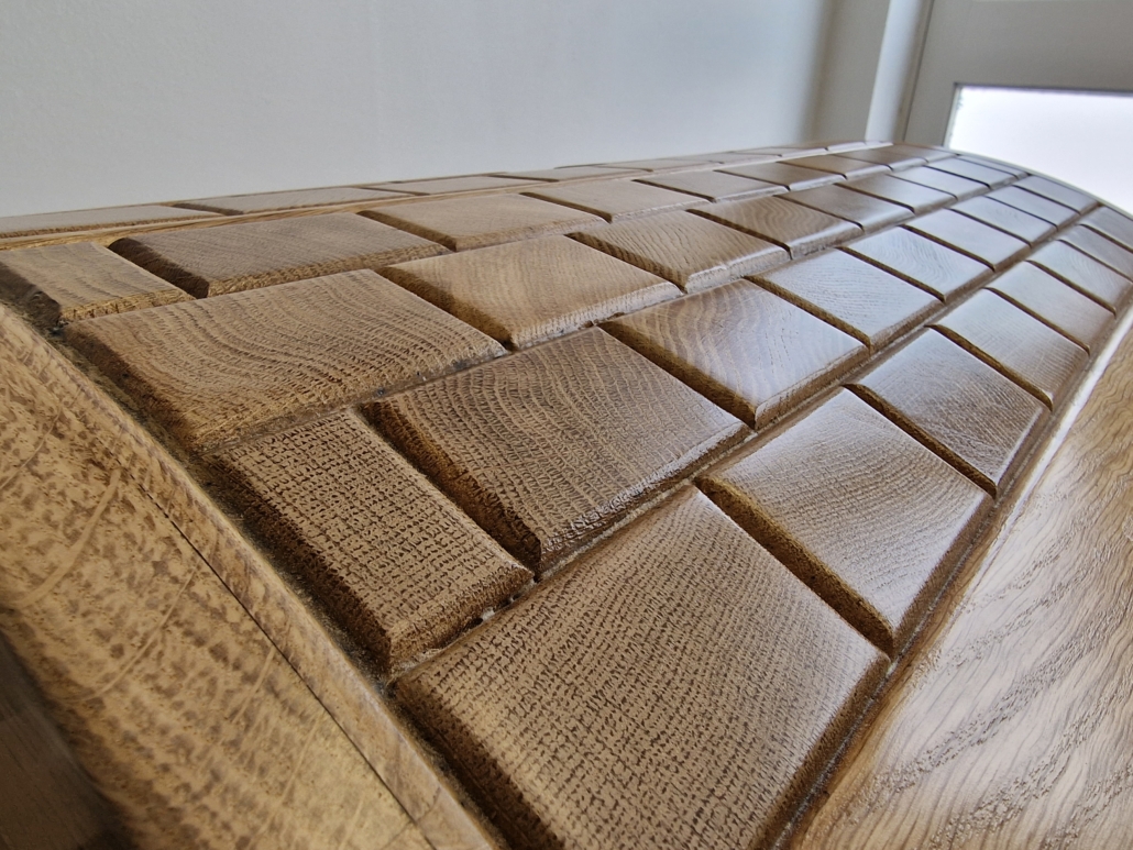 Wooden trunk chest oak offcuts bespoke posh storage oak padlock soft close lid CNC machines components waste optimization super-prime grade beautiful character colour grain Director wood cool creation