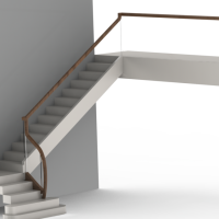 Render of a staircase with Walnut handrail on glass balustrade, prior to CNC machining