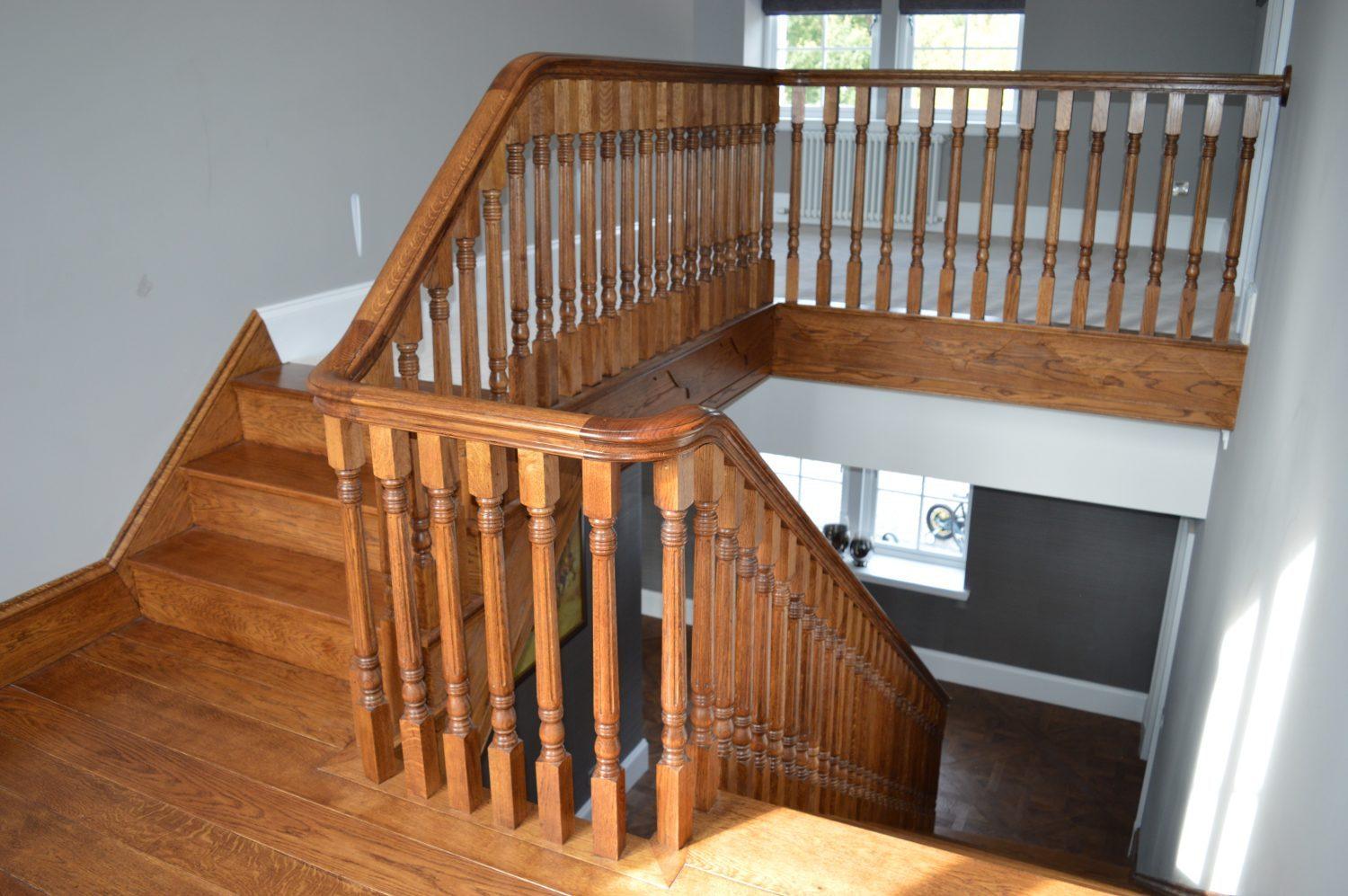 private client Scotland Gleneagles world class golf course cast concrete staircase traditional timeless oak staircase surveyed interactive 3D model prime grade European Oak treads risers stringers decorative brackets flooring half landing traditional turned spindles chunky handrail client's delight weeks, not months software and technology dedicated manufacture and install teams travelling throughout the UK