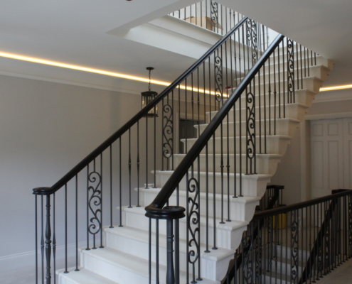 Celebrity's homes Mansion Triple fantail stairs Surveyed Manufactured Fitted Oak handrails Steelwork Fitting team Perfect mitres Clean look Staining black