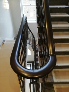 Handrail Creations residential project North London sapele handrails metal balustrade antique bronze finish French polishing high gloss finish Georgian architecture