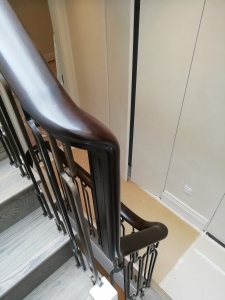 Handrail Creations residential project North London sapele handrails metal balustrade antique bronze finish French polishing high gloss finish Georgian architecture