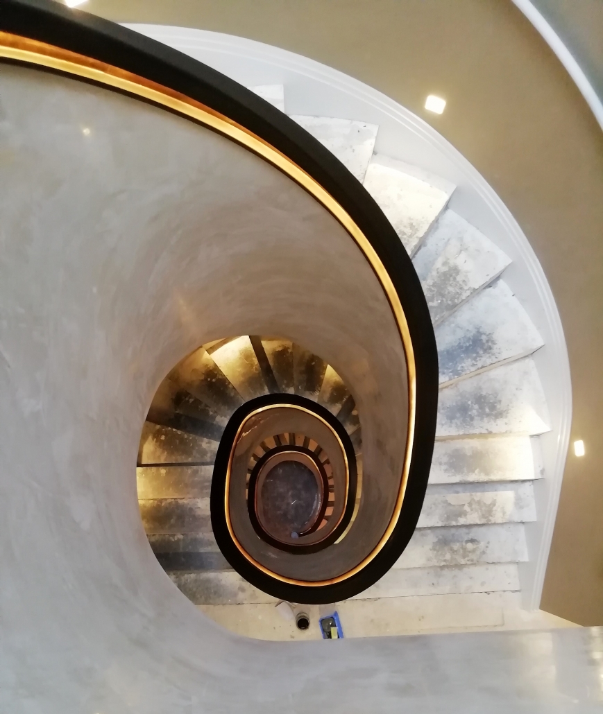 Handrail Creations, handrail design, architects, Fisher id, engineers, designers, geometric style rail, LED strips, black walnut, helical handrails, polished plaster, solid balustrade.
