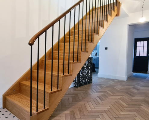 Ruislip hallway timber staircase handrail and balustrade sapele handrails French polish stain Ruislip simple balustrade