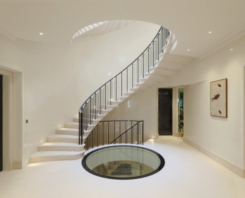 Winnington Road helical staircase North London steel spindles stairs handrail wooden handrail steel balustrade stone staircase